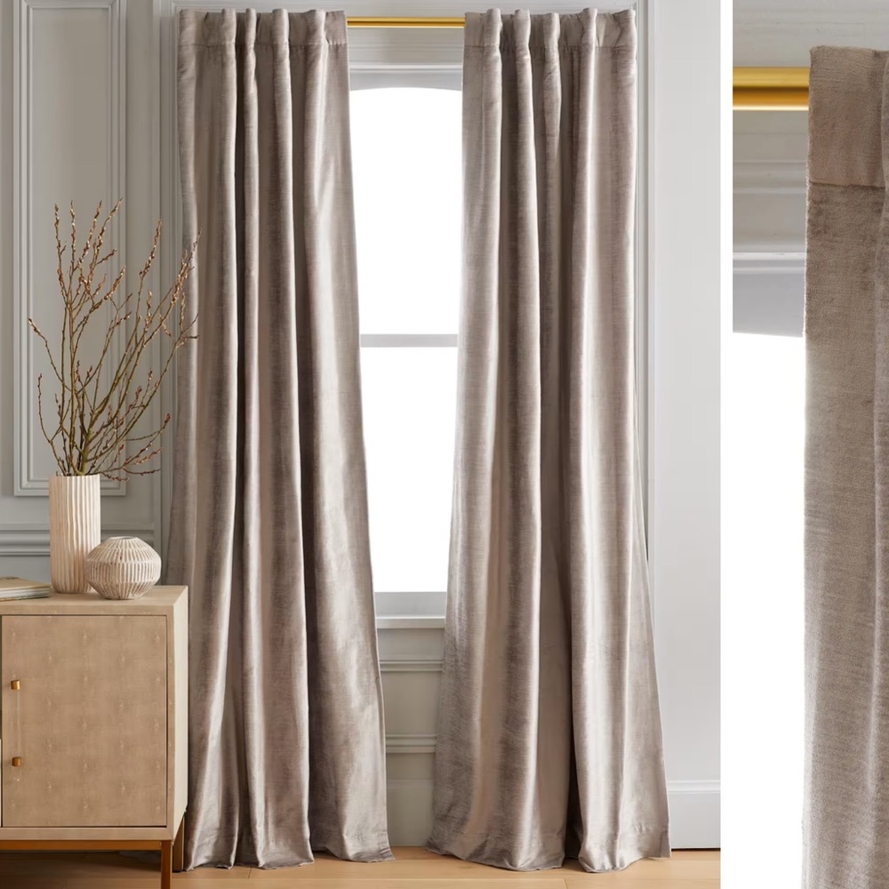 NWT QUINCE Set 48x84 Luster Velvet Room Darkening Curtain Silver 2494